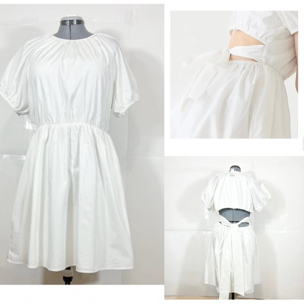White Cutout Puff-Sleeve Women’s Dress